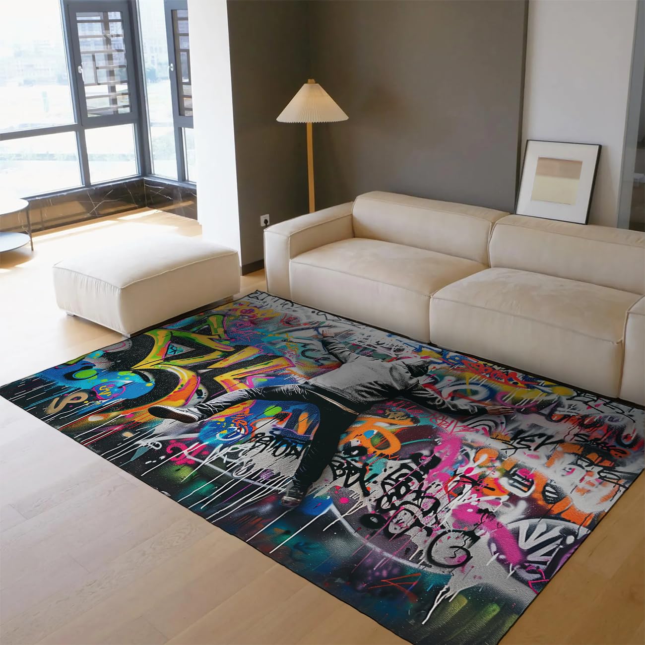 Grand tapis 120x150cm pour salon chambre bureau lavable antidérapant style graffiti