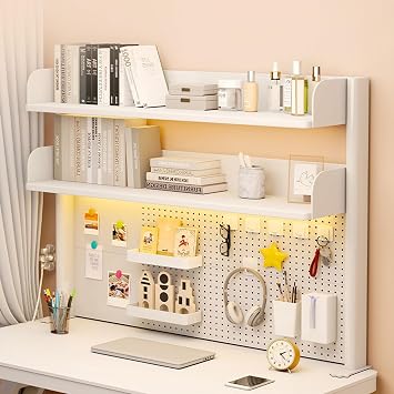 Clamp on Desk Organizer Shelf with Pegboard, 2 Tier Countertop Desktop Bookshelf, Multipurpose Countertop Hutch Bookshelf, for Home Office Dorm Gaming DeskWhite,S