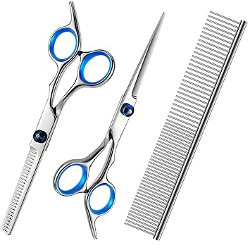 sootfouuy Dog Grooming Scissors Kit, Tips Stainless Steel Professional Dog Grooming Shears Set, Durable Pet Grooming Trimmer Kit with Thinning Shears, Straight Scissors and Comb for Pet Dogs, Cats
