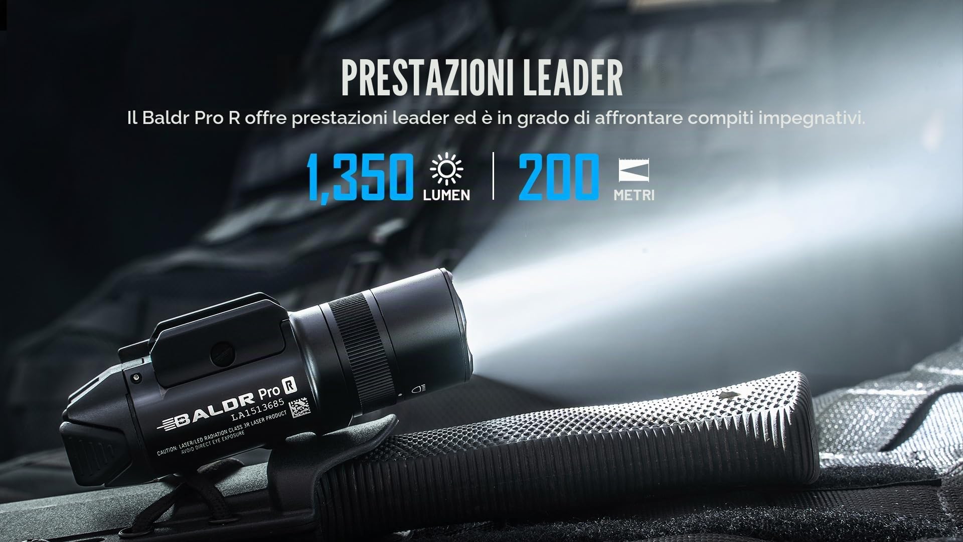 OLIGHT Baldr Pro R Lampada caccia ricaricabile, con fascio verde, 1350 lumen, 200 m, 3 modalità di illuminazione, Potente torcia professionale impermeabile per caccia Nero