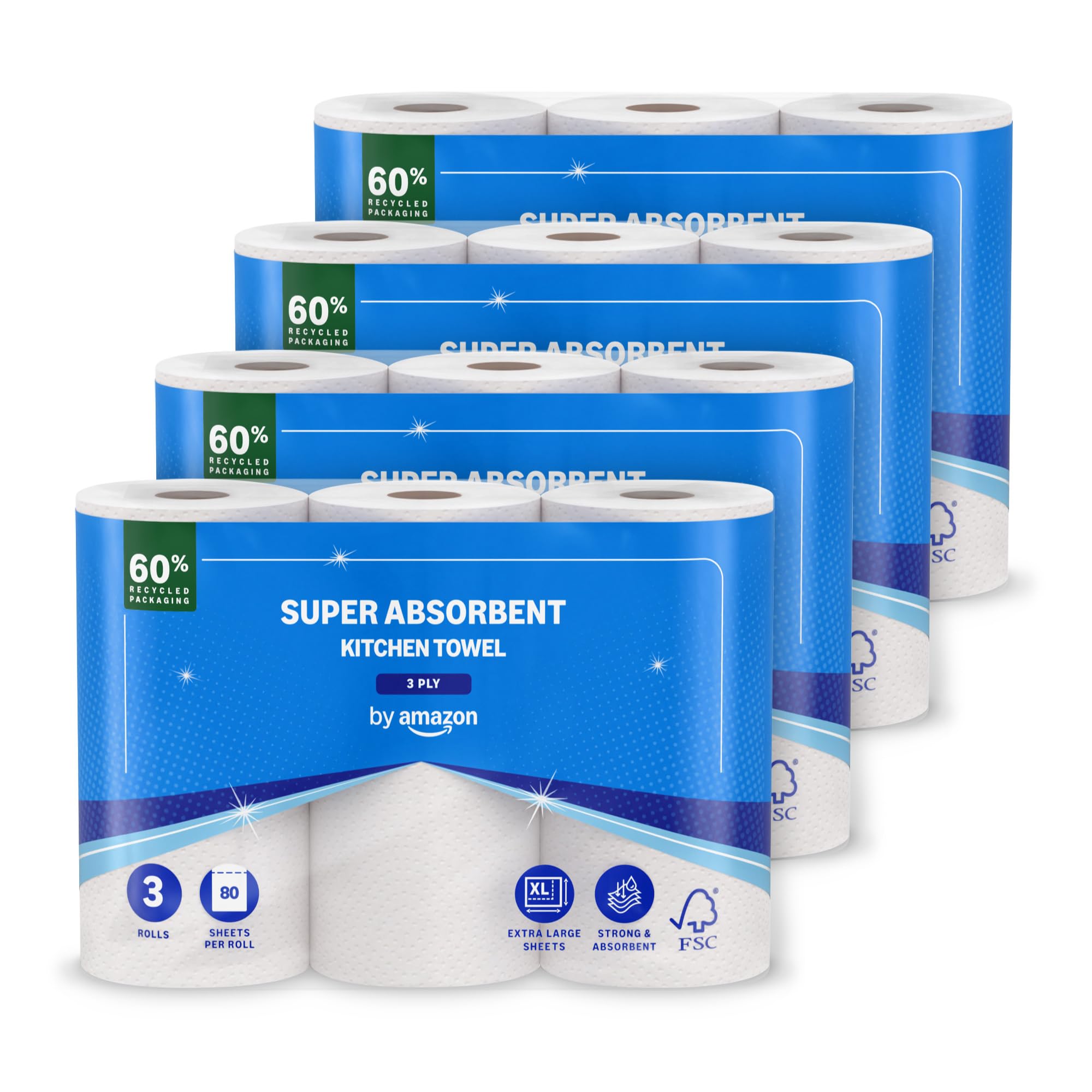Sponsored Ad – by Amazon Jumbo Kitchen Roll, 3-ply, Strong and Absorbent, 12 Rolls (4 Packs of 3), 80 Sheets per Roll, 960 Count, FSC Certified