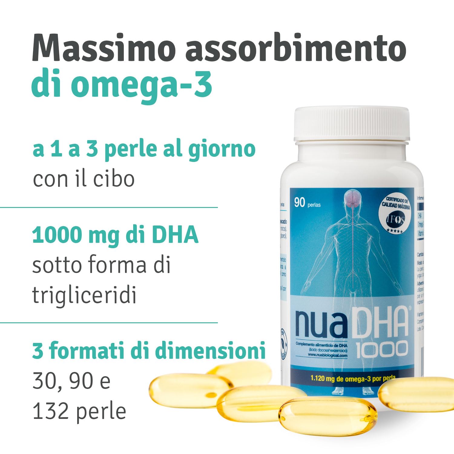 Nua Biological - NuaDHA 1000, Integratore Alimentare Omega-3 con DHA (da Olio di Pesce) - 90 Capsule in Forma di Trigliceridi (1000 mg di DHA per Capsula)
