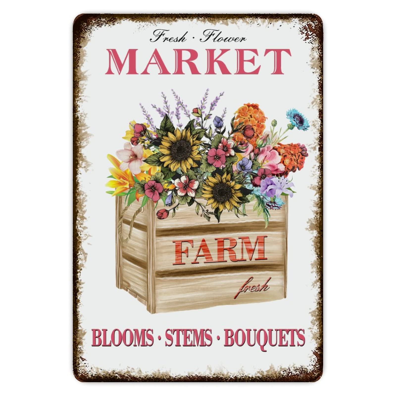 ENEDNATE Rustic Aluminum Sign Farm Fresh Flower Market Tin Metal Sign Retro Home Kitchen Room Wall Door Hanger Decor Sign 8x12 inch