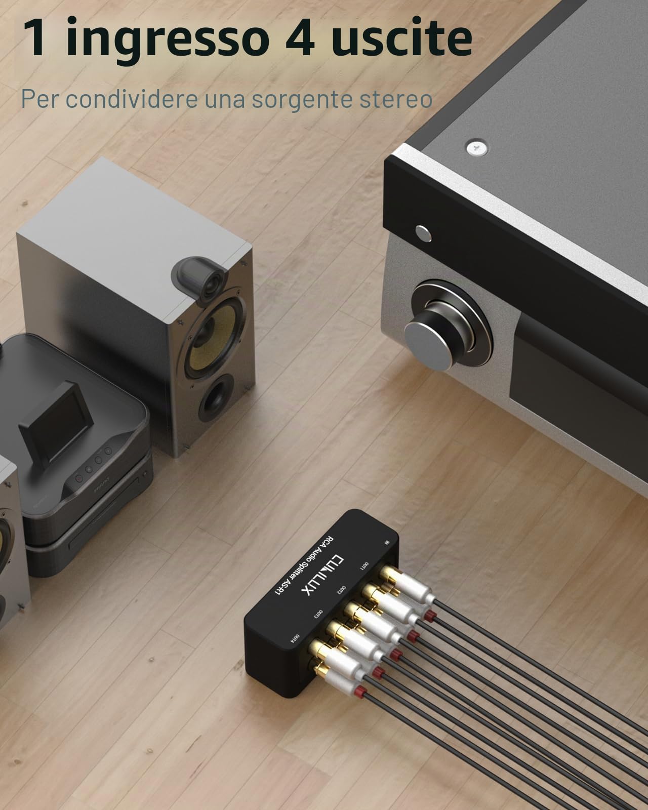 Cubilux AS-R1 Splitter Box Audio RCA a 4 Vie, Stereo a 4 Canali, Passivo in Lega di Alluminio (1 Ingresso 4 Uscite)