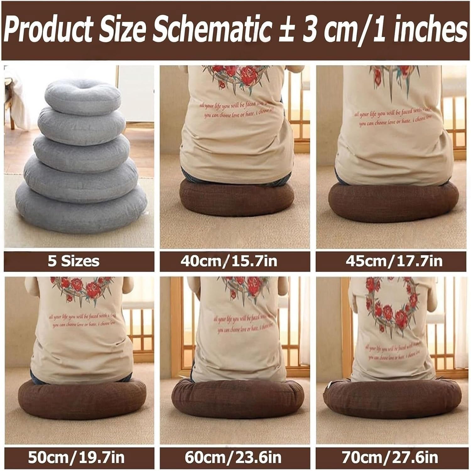 Sitzkissen Rund 40/45/50/60/70cm Dicke 13-15cm 1 Stück Bodenkissen Rund Sitzpolster Stuhlauflage Sitzpolster Stuhlkissen Polster Auflage for Wohnzimmer Büro Konferenzraum(Rötlichbraun,70cn/27.5")
