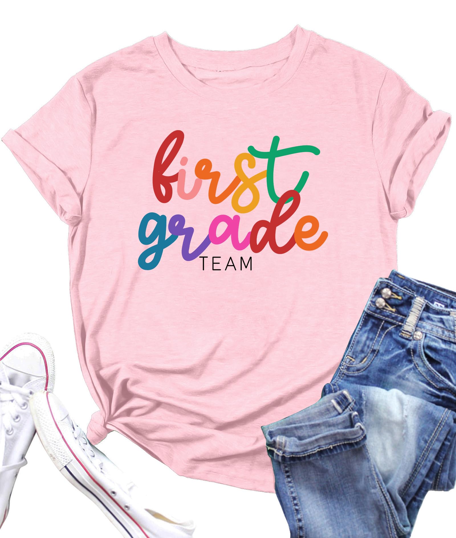 Teacher Shirts Women Teacher Life V-Neck Short Sleeve T-Shirt ABCD Teach Graphic Tee Back to School Tops