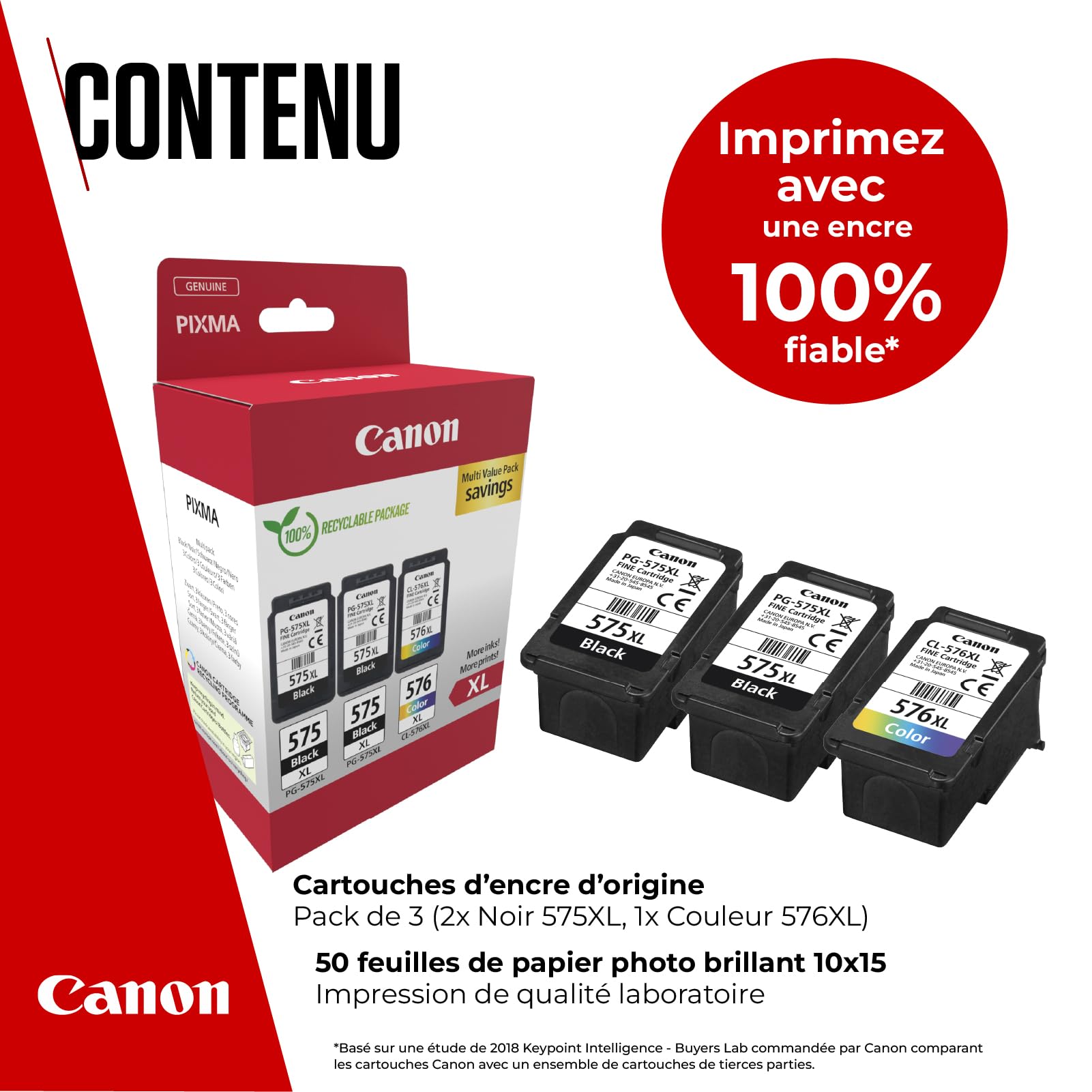 Canon PG-575XL x 2 / CL-576XL Cartouches d'encre Authentiques à Haut rendement, Lot de 3 (2 x Noir, 1 x Couleur) - Carton Multipack