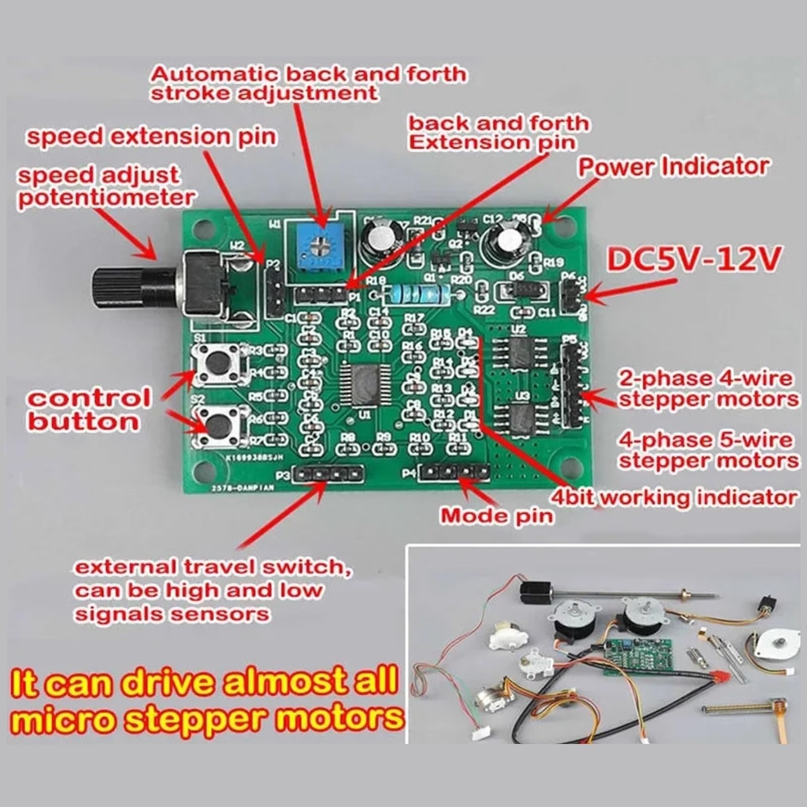 Lot de 2 pilotes de moteur pas à pas multifonctions, micro moteurs pas à pas, module de contrôle de vitesse, commutateur biphasé, quatre fils, quatre phases, cinq fils, décélération DIY pour routeur