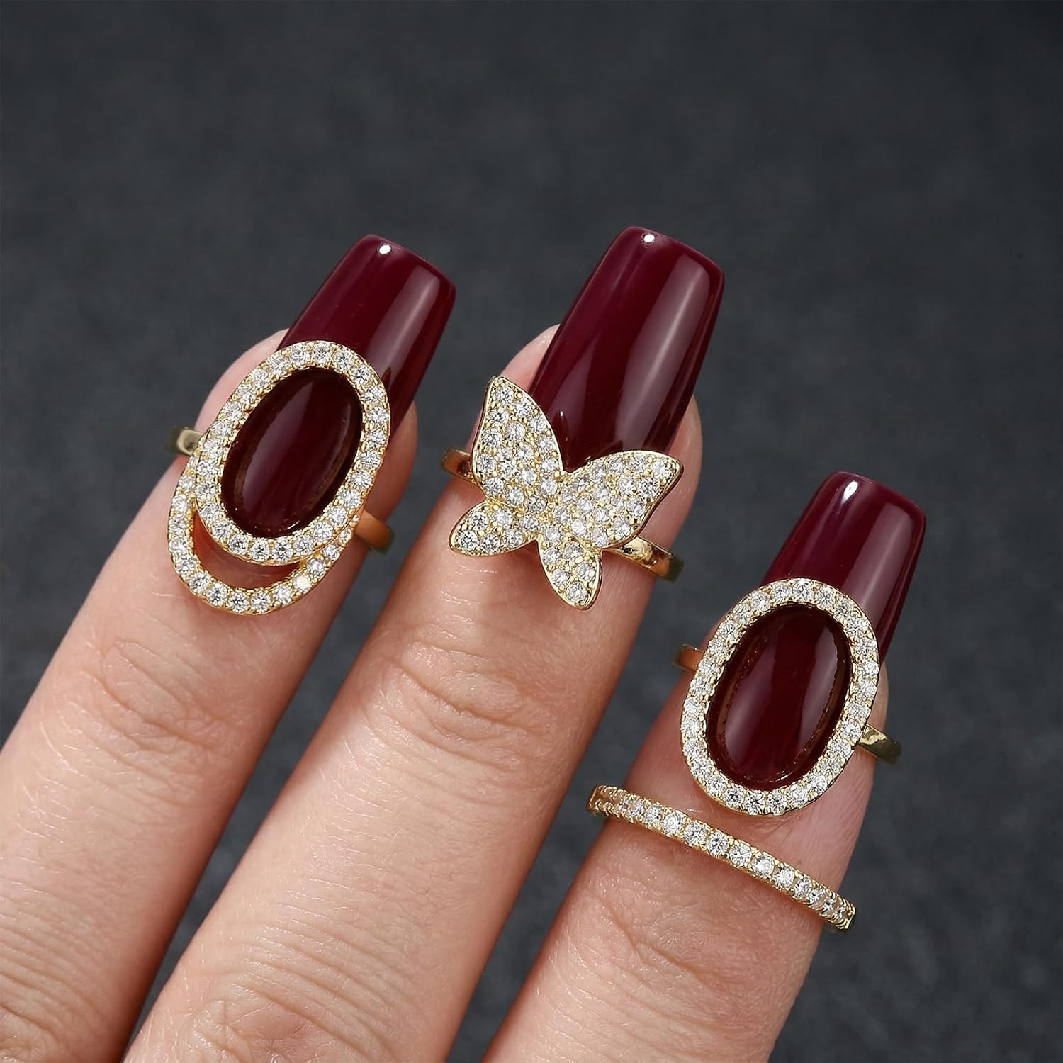 5 Pack Nail Rings for Women, Rhinestone Fingertip Rings Gold Silver Fingernail Ring Jewelry with Butterfly Design Wedding Birthday Nail Art Decorations