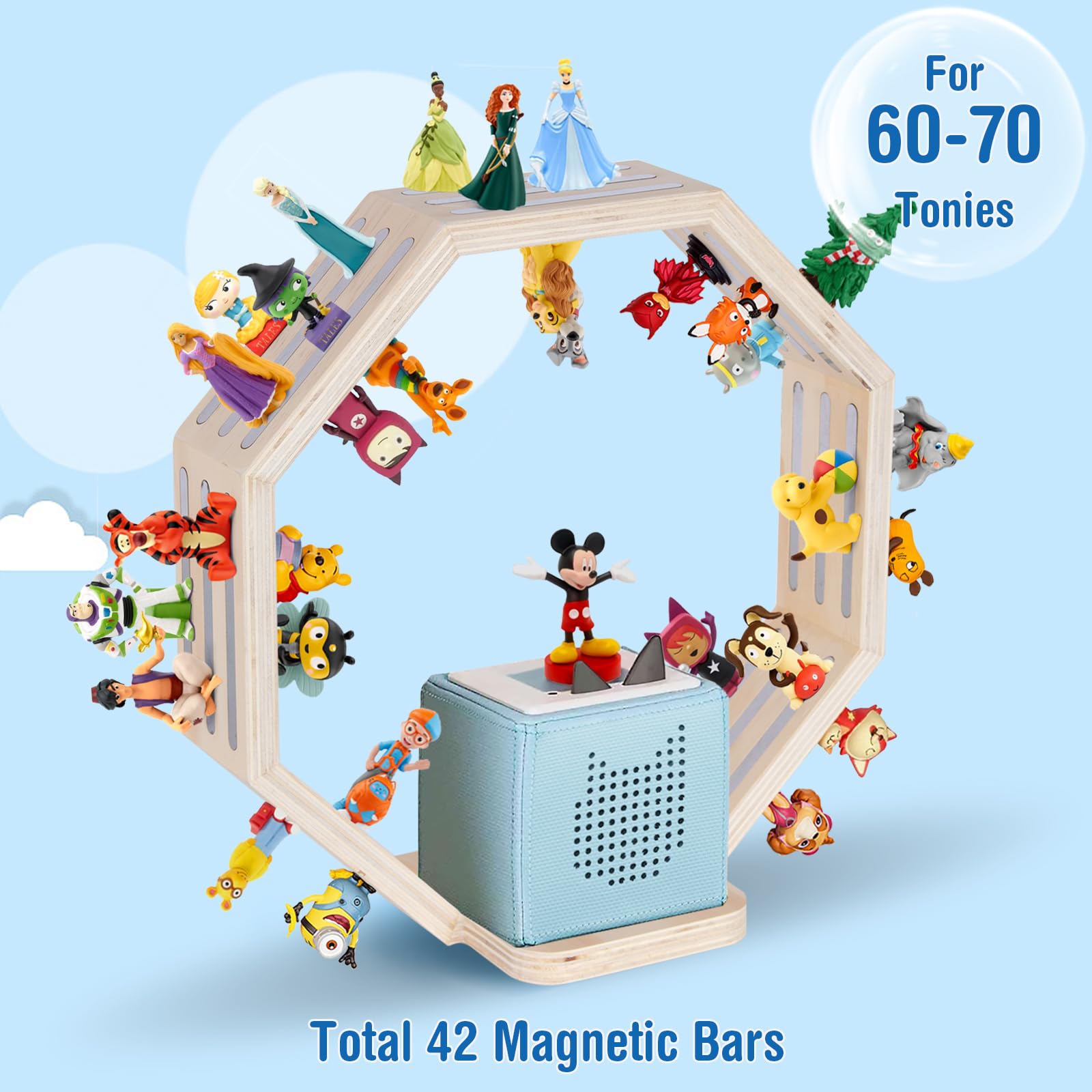 Todeco Étagère Magnétique en Bois, pour Tonie Box et Tonies, Petit Octogone | Jusqu'à 60-70 Tonies, Compatible avec Station de Charge, Murale ou à Poser, Matériel de Montage Inclus, pour Chambre Enfant