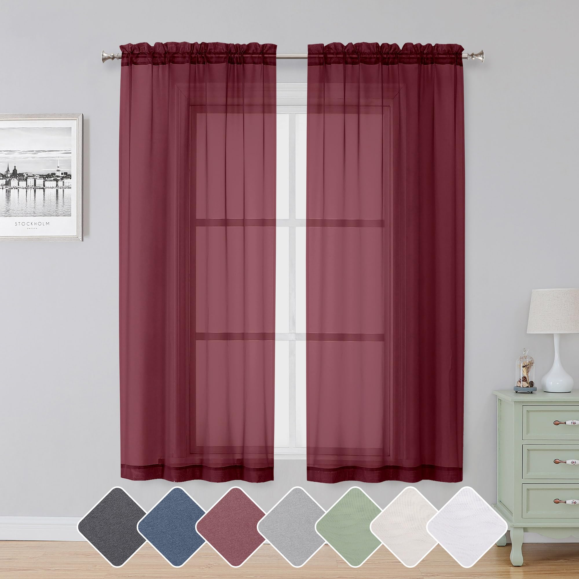 Simplebrand Red Sheer Curtains 63 Inch Length 2 Panels, Rod Pocket Solid Color Window Sheer Curtain Panels, Elegant Curtains & Drapes for Living Room,