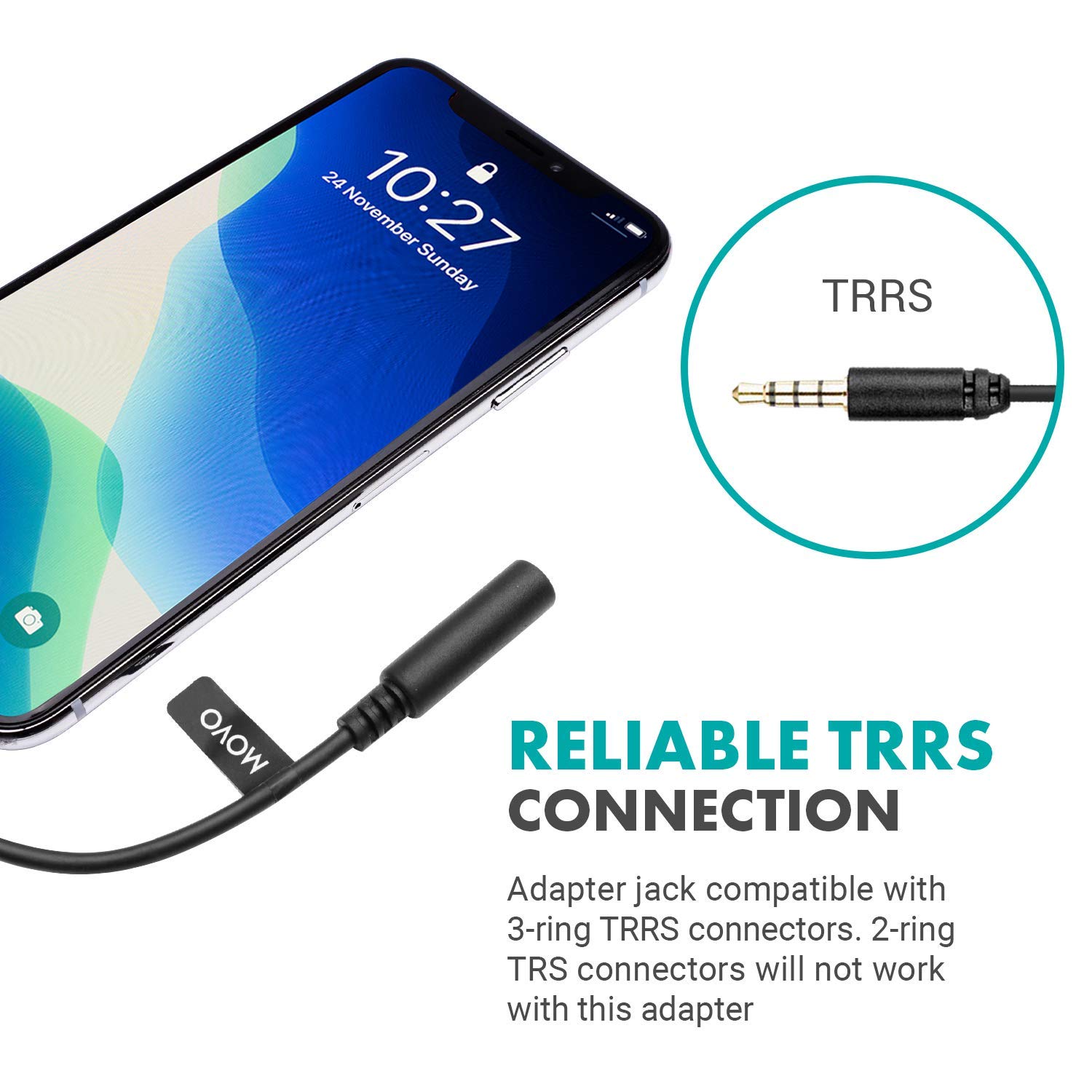 Movo IMA-3 - Cable Adaptador de Audio TRRS Hembra de 3,5 mm a Conector Lightning en ángulo Recto - Adaptador de Auriculares Compatible con Apple iPhone y iPad