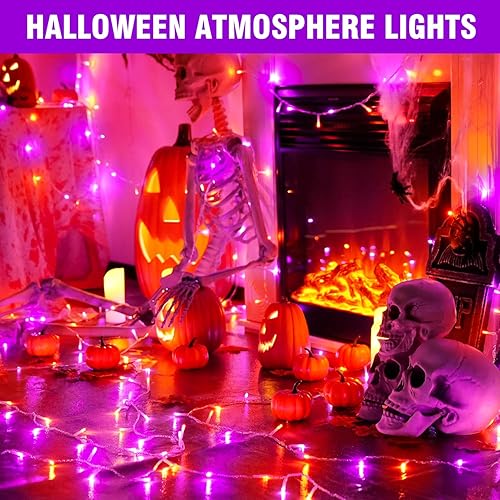 Miniatura 3 de Guirnalda de luces LED moradas y naranjas de 70 pies - 210 LED en cable transparente, decoración navideña impermeable y conectable, espeluznante