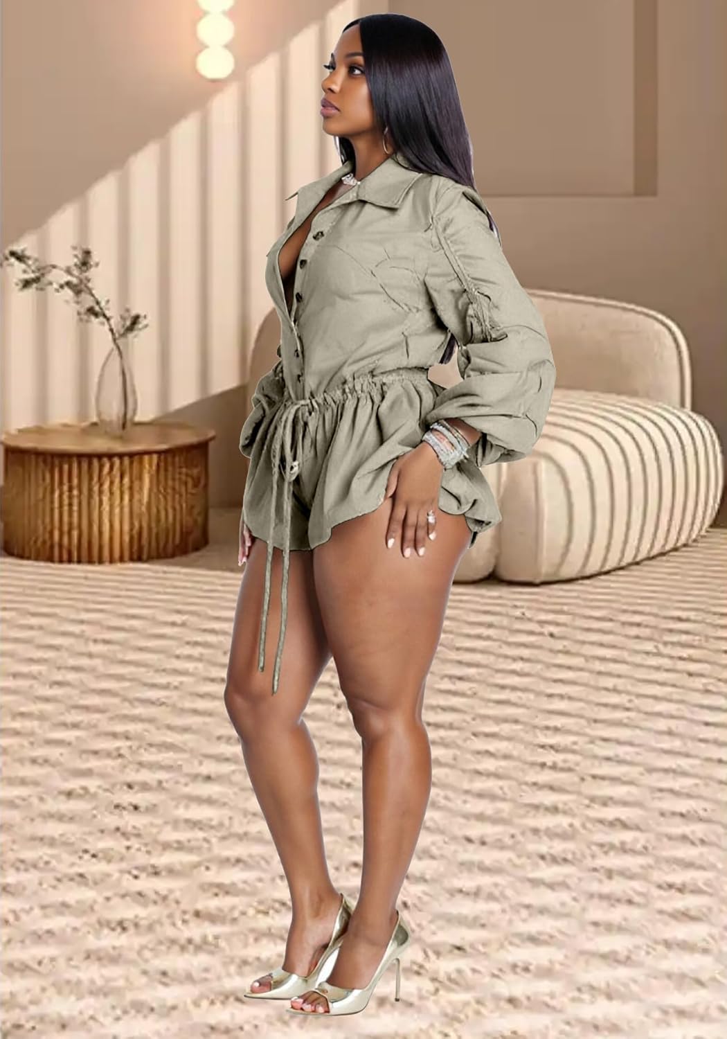 Tbahhir Women Summer Rompers Drawstring Long Sleeve Bubble Cargo Shorts Jumpsuit Casual One Piece Outfits Overalls - Image 3