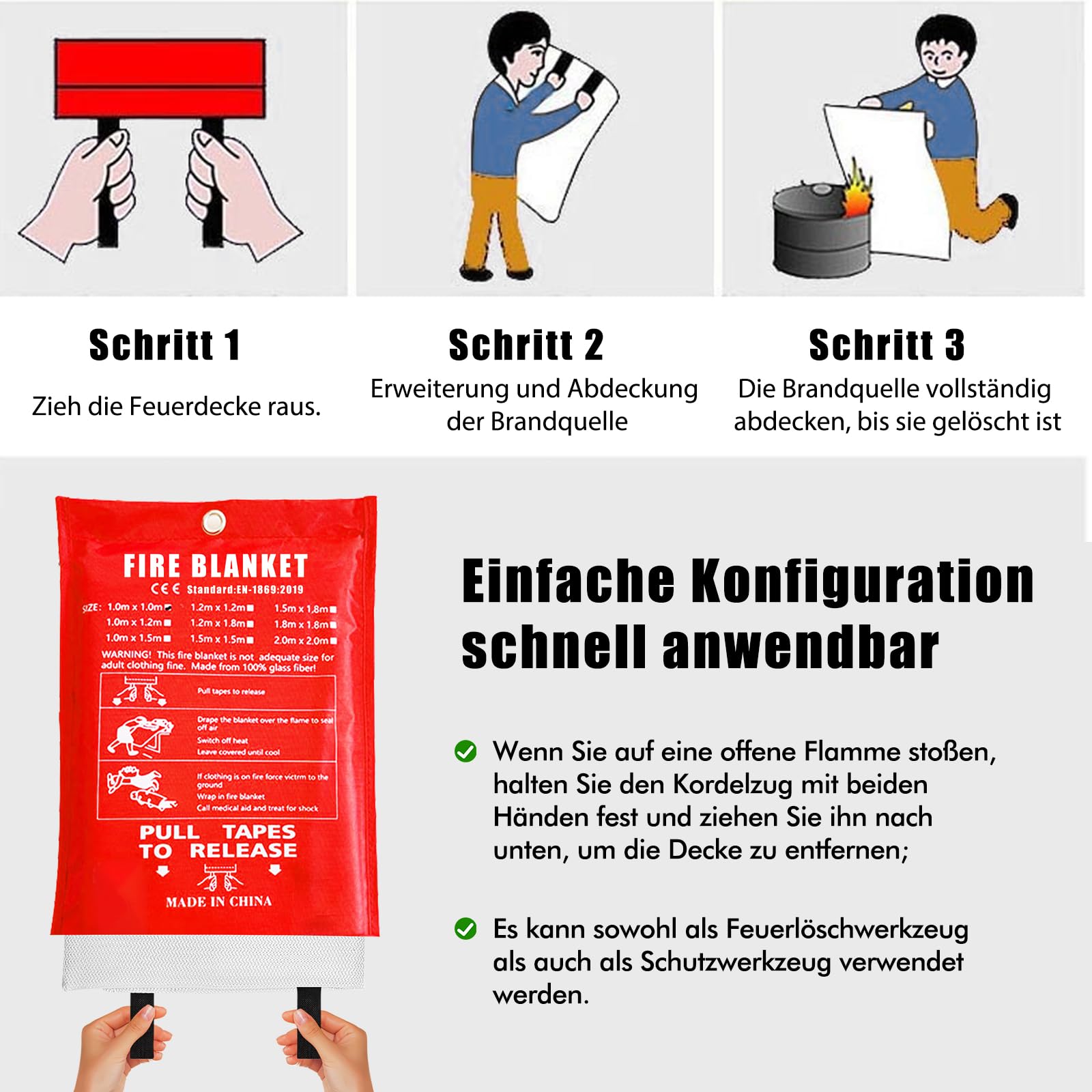 Koc gaśniczy do kuchni – 2 sztuki, koc ognioodporny, włókno szklane, DIN EN 1869:2019, do zastosowania w kuchni, kominku, grillu, na kemping, do samochodu, pierwszej pomocy, 100 x 100 cm