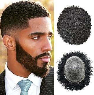 Afro Toupee for Black Men All Injected Pu Man Weave Kinky Curly Hair Unit African American Full Poly Virgin Human Invisible Thin Skin Hair Replacement Units for Black Men (8x10', 1# JET BLACK-10mm wave)