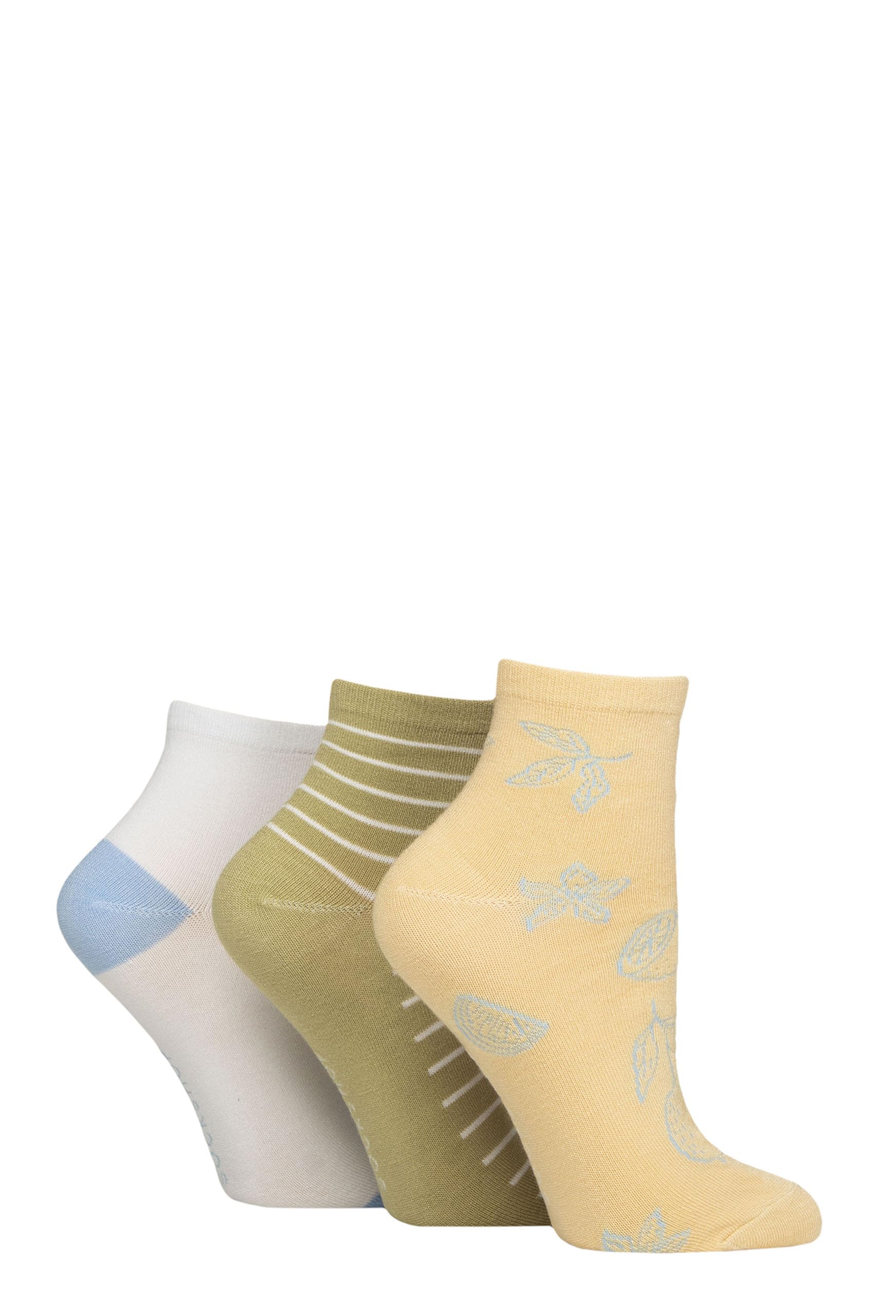 SockShop Women's Bamboo Ankle Socks - Plain, Patterned, Striped, Floral, Colourful, Smooth Toe Seams 3 Pairs Size 4-8 (UK, Numeric, 4, 8, Regular, Regular, Patterned Sicilian Lemon)