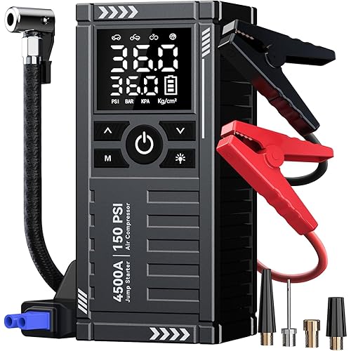 Car Battery Jump Starter with Air Compressor - 4500A 150PSI Portable Car Jump Starters (9.0 Gas/8L Diesel) with Tire Inflator, 12V Car Battery Jump Box with Jumper Cables, LCD Display, LED Light