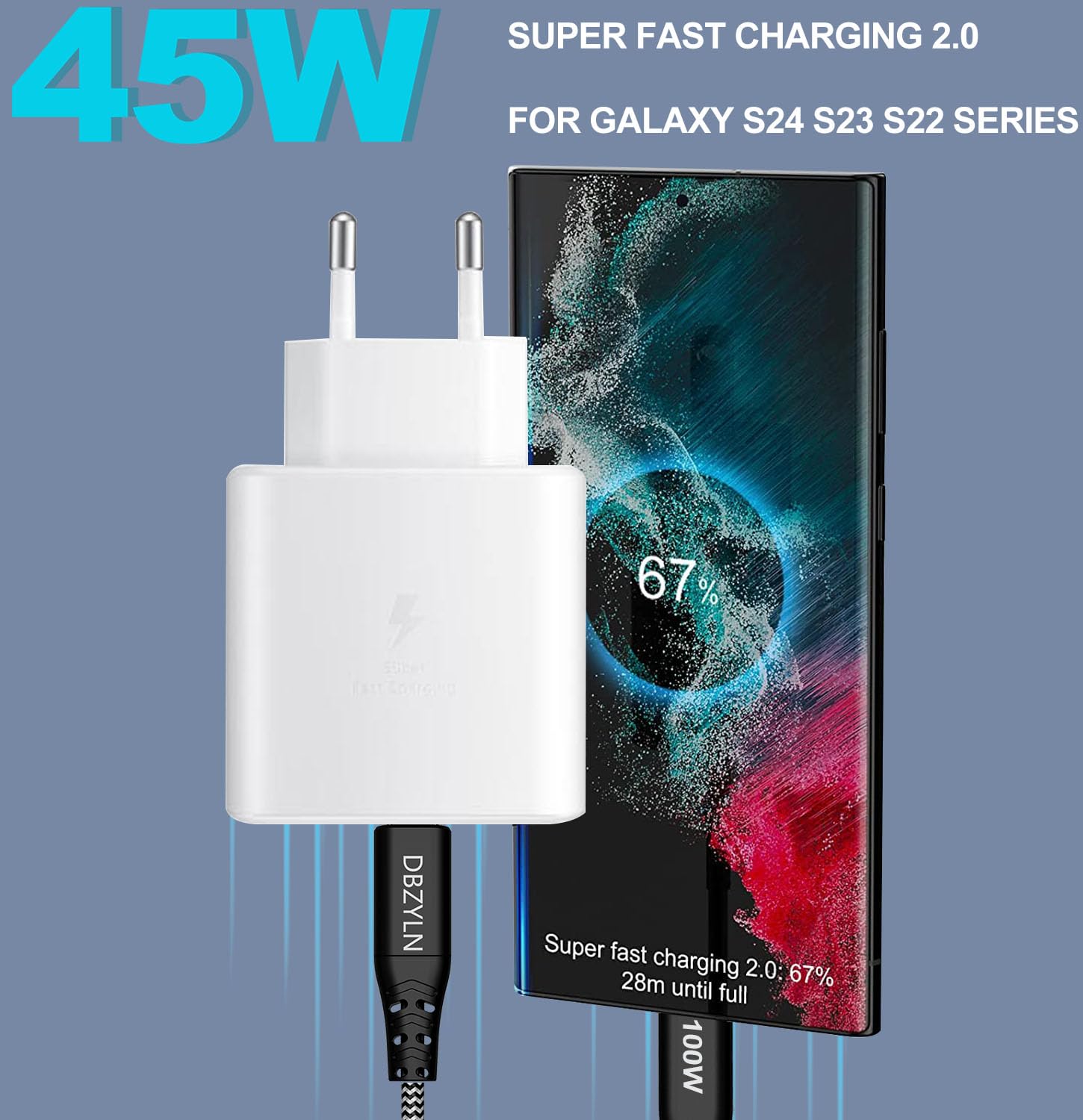 DBZYLN Caricatore 45W per Samsung Galaxy S24,S23,S22 Ultra,S24+ S23+,S22+,S21,S20,A54,Galaxy Tab S8 Ultra Caricabatterie Tipo C Ricarica Rapida USB C Carica Alimentatore con Cavo in Nylon - Bianco