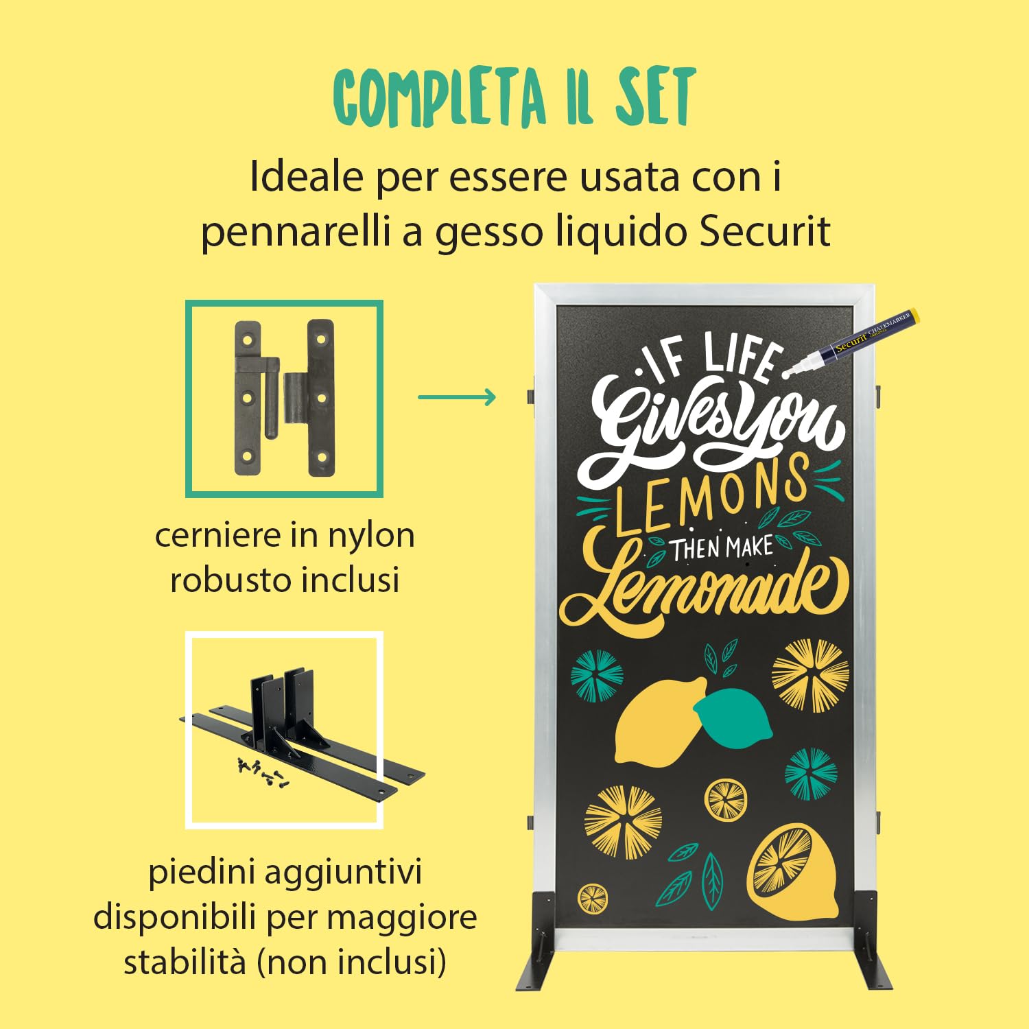 SECURIT - Lavagna Da Terra Multiboard - Per Pennarelli A Gesso Liquido- Per Caffè, Ristoranti, Bar, Negozi- 60x114,5 cm - Colore Acciaio
