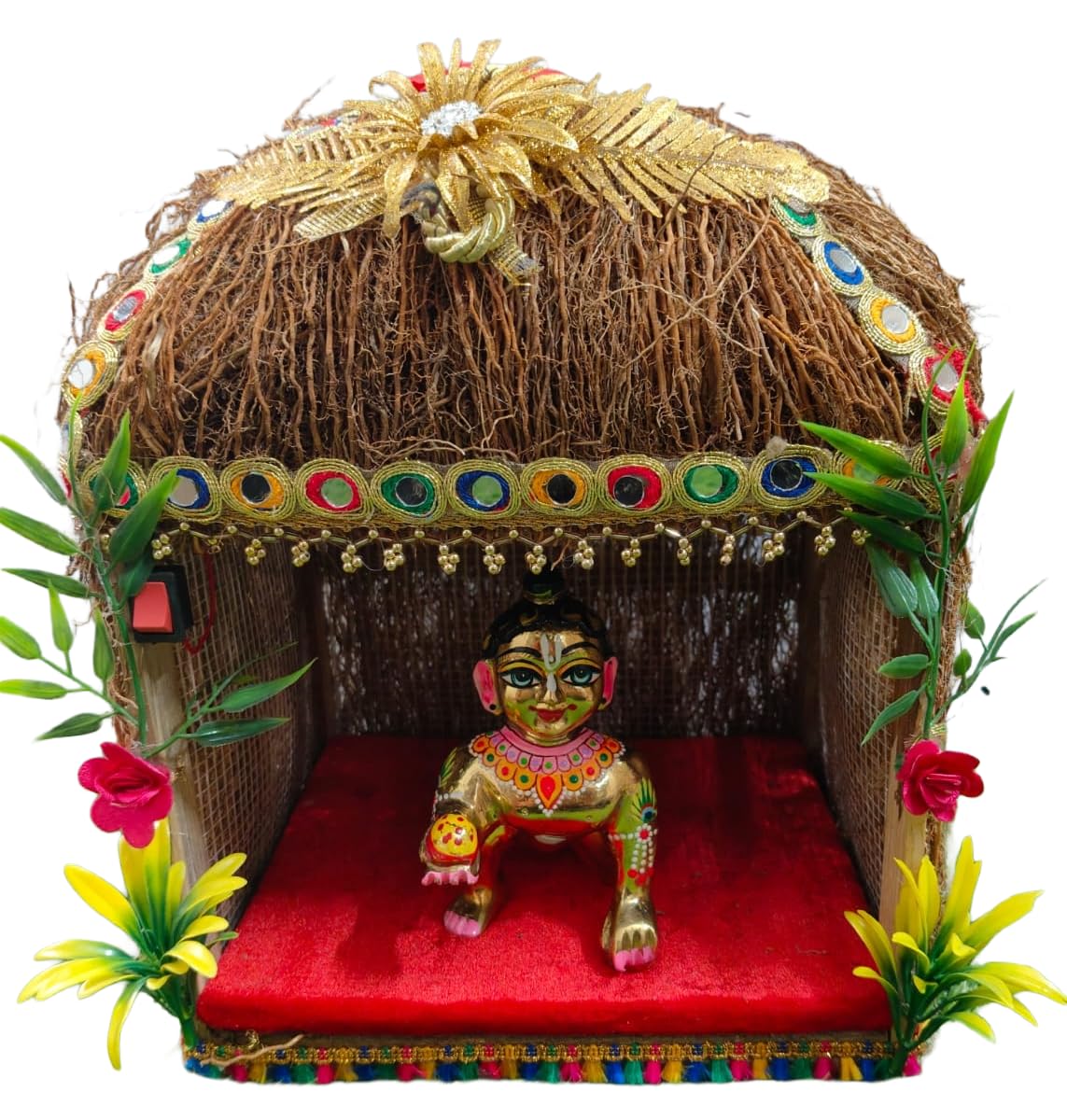 BhaktiBazaar RK Handmade Khus Ki Kutiya for Laddu Gopal Ji | Cooling Summer Hut with Decorative LED Light | Kanha Ji Summer House (Small)-image-15