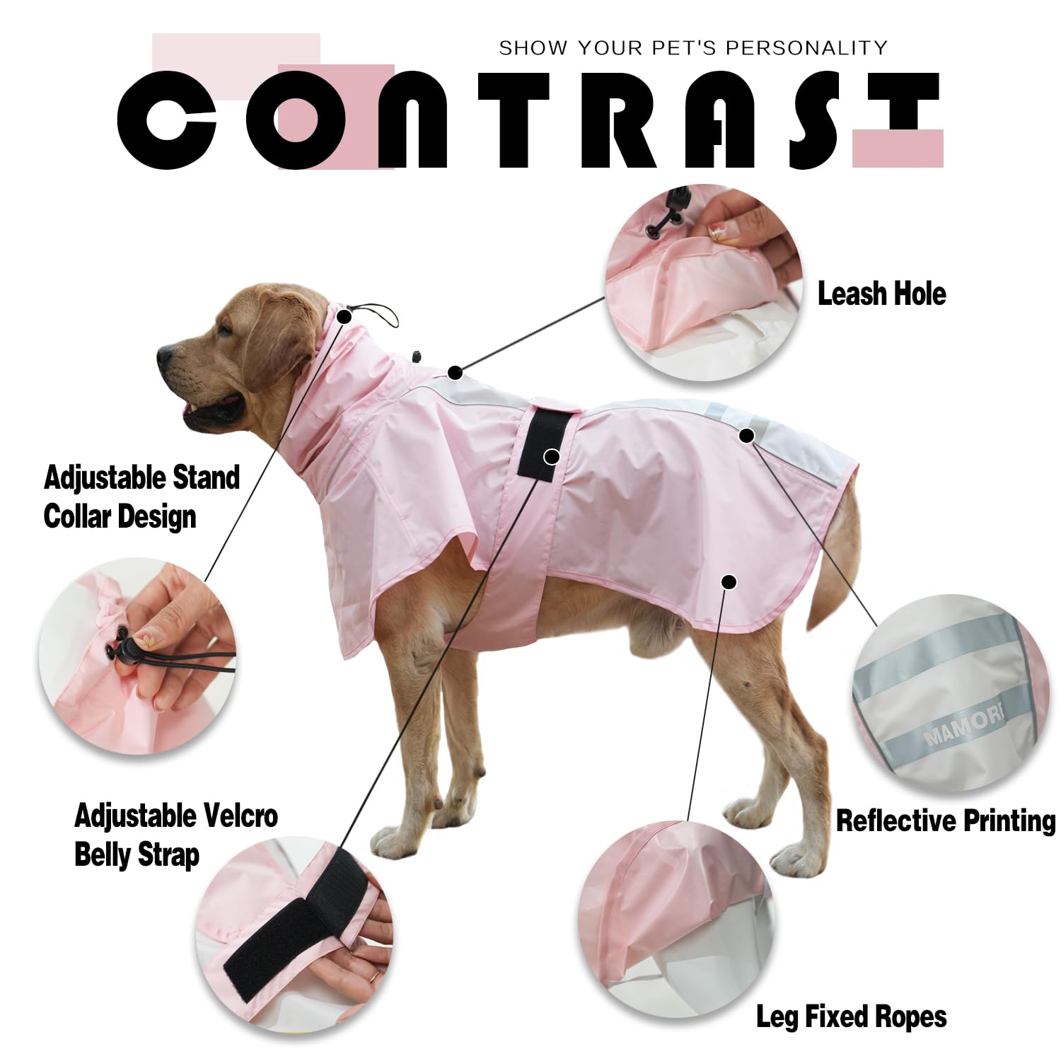 Waterproof Dog Raincoat with Reflective Strip, Adjustable Breathable Rain Coat Jacket with Leash Hole for Dogs (Pink&White - Image 2