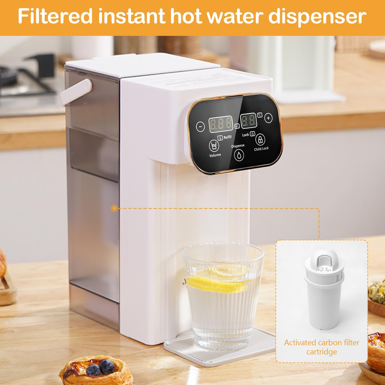 Distributeur d'Eau Chaude 3L Numérique Instantané écran Tactile LED 12 Réglages Température 8 Réglages Volume Filtre Charbon Actif