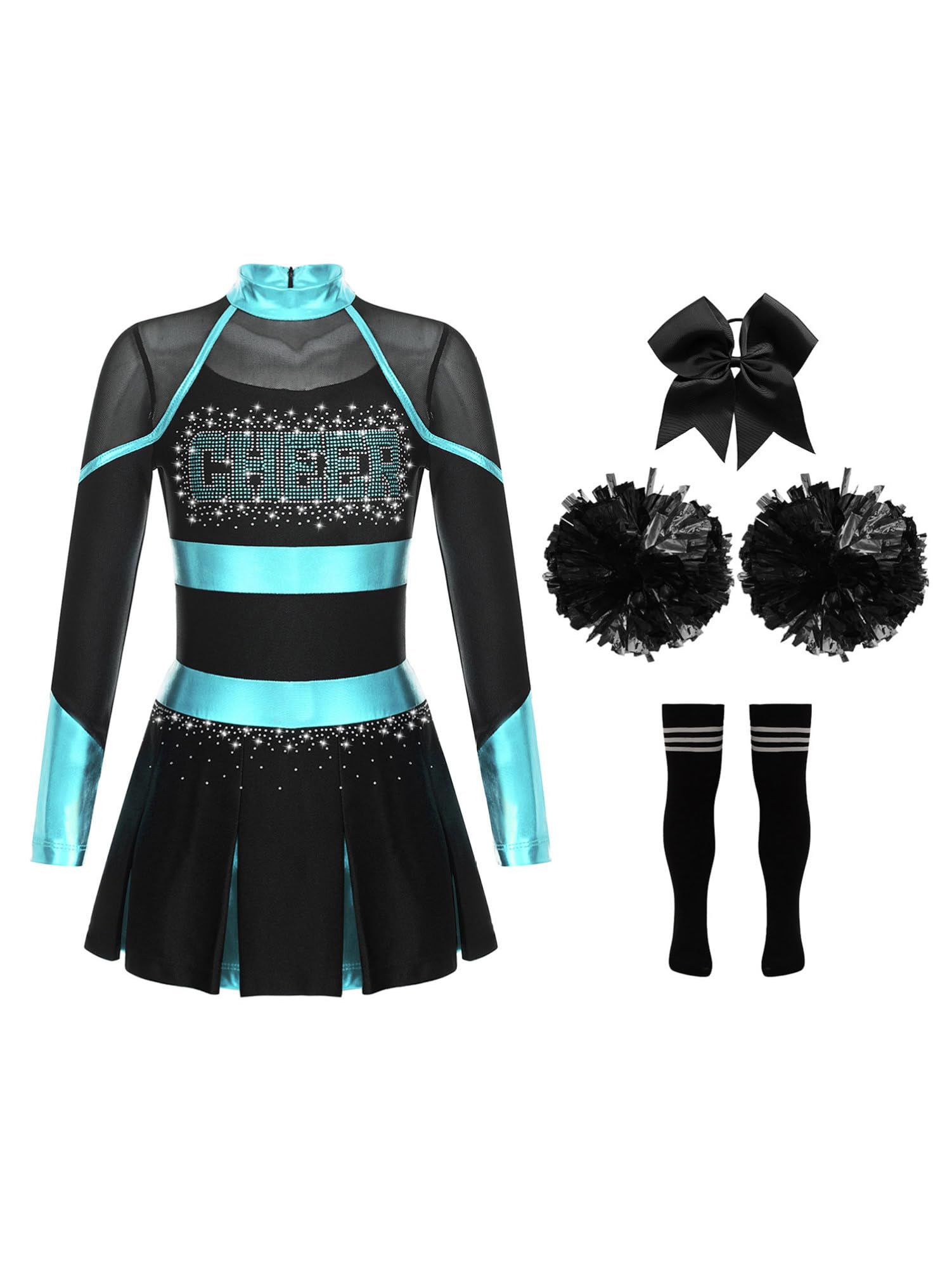 CHICTRY Girls Cheer Leader Costume Halloween Cheerleading Long Sleeve Crop Top Skirt with Hair Tie Set Cosplay