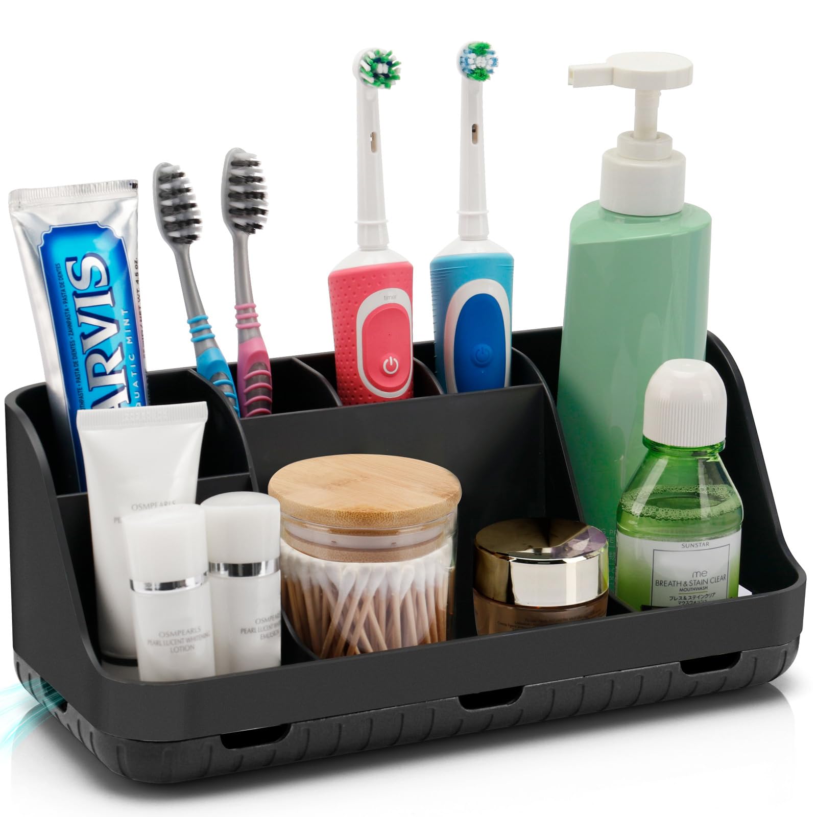 Black Toothbrush Holder - 7 Slots Bathroom Organizer Countertop with Drainage Matte Black Electric Toothbrush and Toothpaste Holder for Bathroom Accessories Organization Vanity Sink Storage