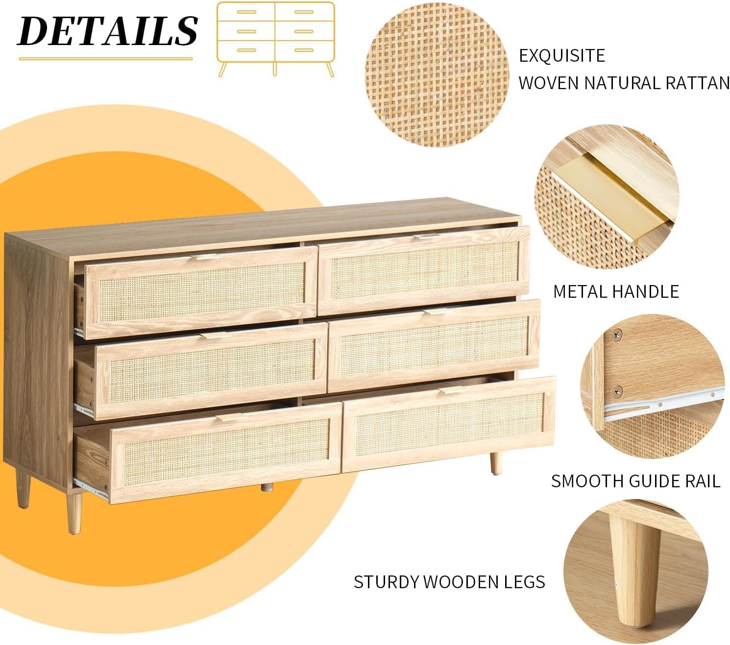 Fsbecl Rattan 6 Dresser for Bedroom, Chest of Drawers, 59'' Wide Modern Wooden Dresser Chest with Golden Handles, Storage Cabinet for Closet, Living Room, Entryway, Natural
