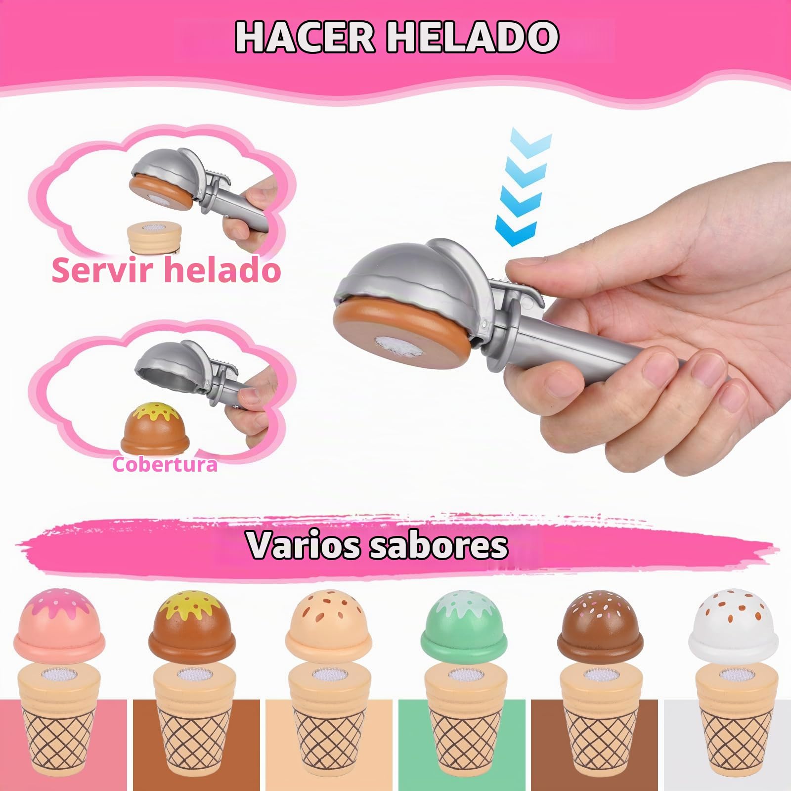 Heladeria Juguete, Diealles Shine 45 Piezas Helados Juguetes de Madera, Juegos de rol Cocinita Infantil para Regalo Niño