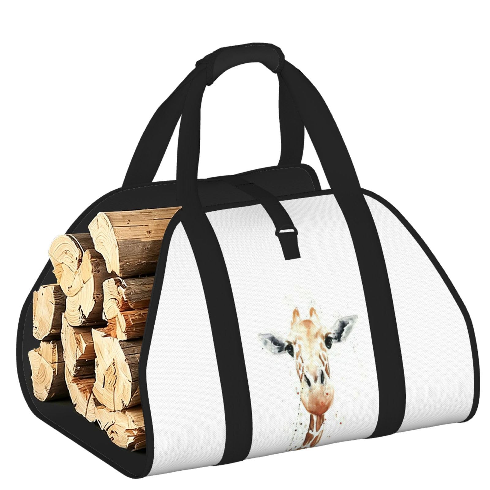 Pphgut Black Clever Giraffe Print Firewood Bag Wood Carrier Transport Sack Camping Picnic Storage Daily Home