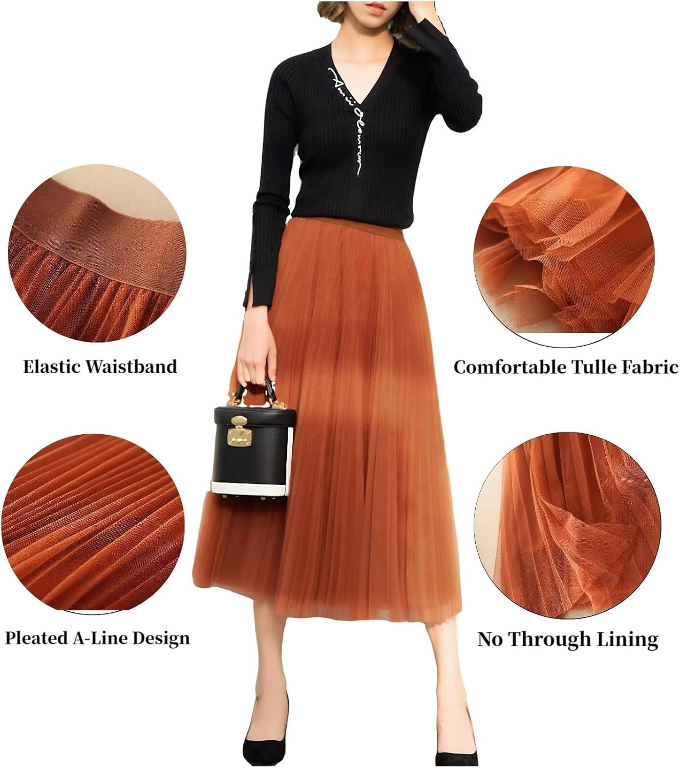 ChicVibes Women's Plus Size High Elastic Waist Pleated Mesh Midi Skirt,Elegant Plain Tulle A-Line Skirts with Ruffled Hem