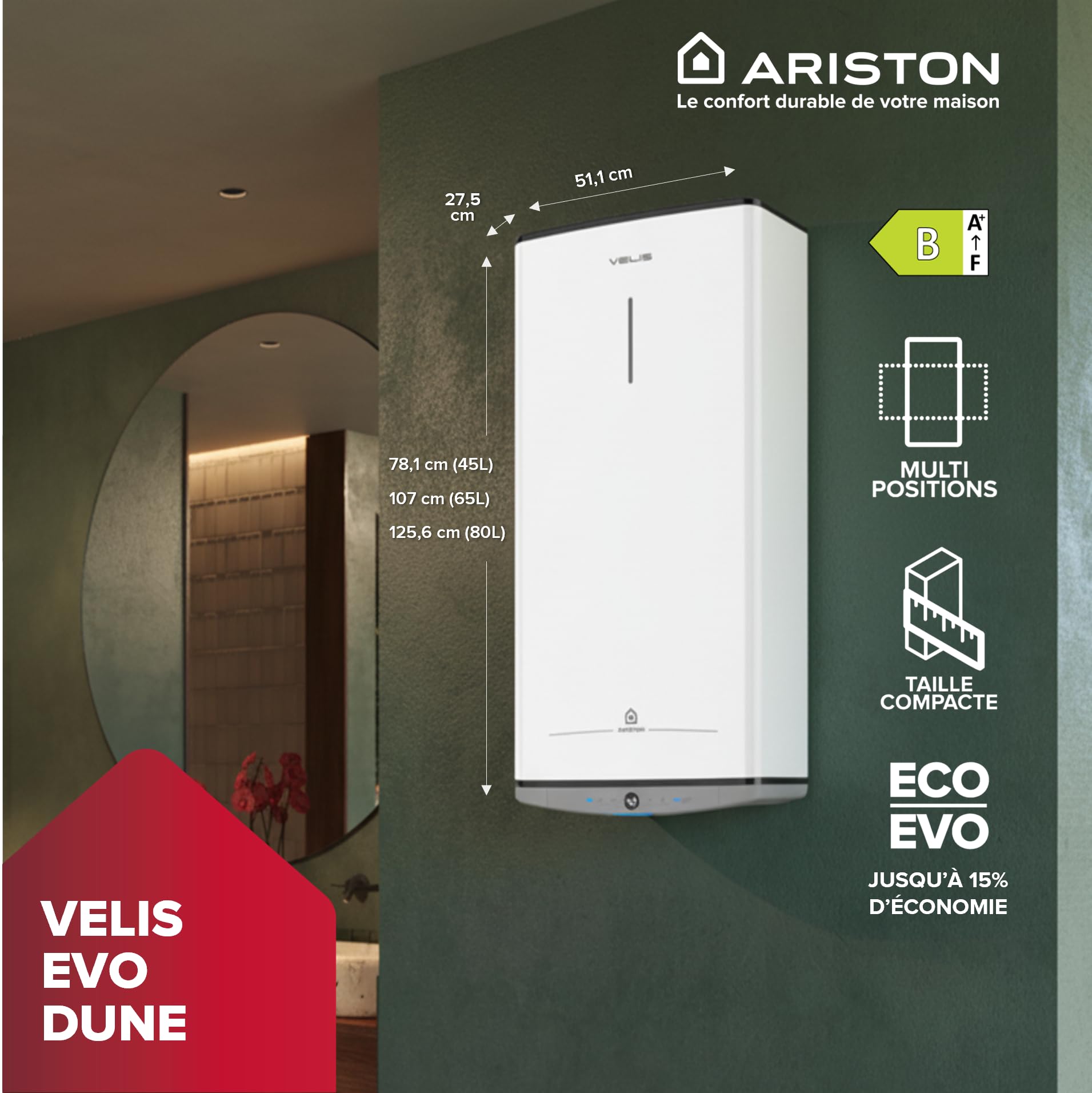 Ariston VELIS DUNE 80 litres - Chauffe-eau électrique Ultra-Plat - 13% d’Economies d’Energie - Conçu et fabriqué pour être installé en France.