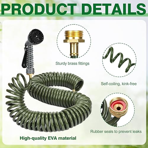 Miniatura 3 de Manguera de jardín ligera en espiral de 25 pies y 38 pulgadas, EVA, flexible, con 7 boquillas de función y conectores de latón para plantas de riego