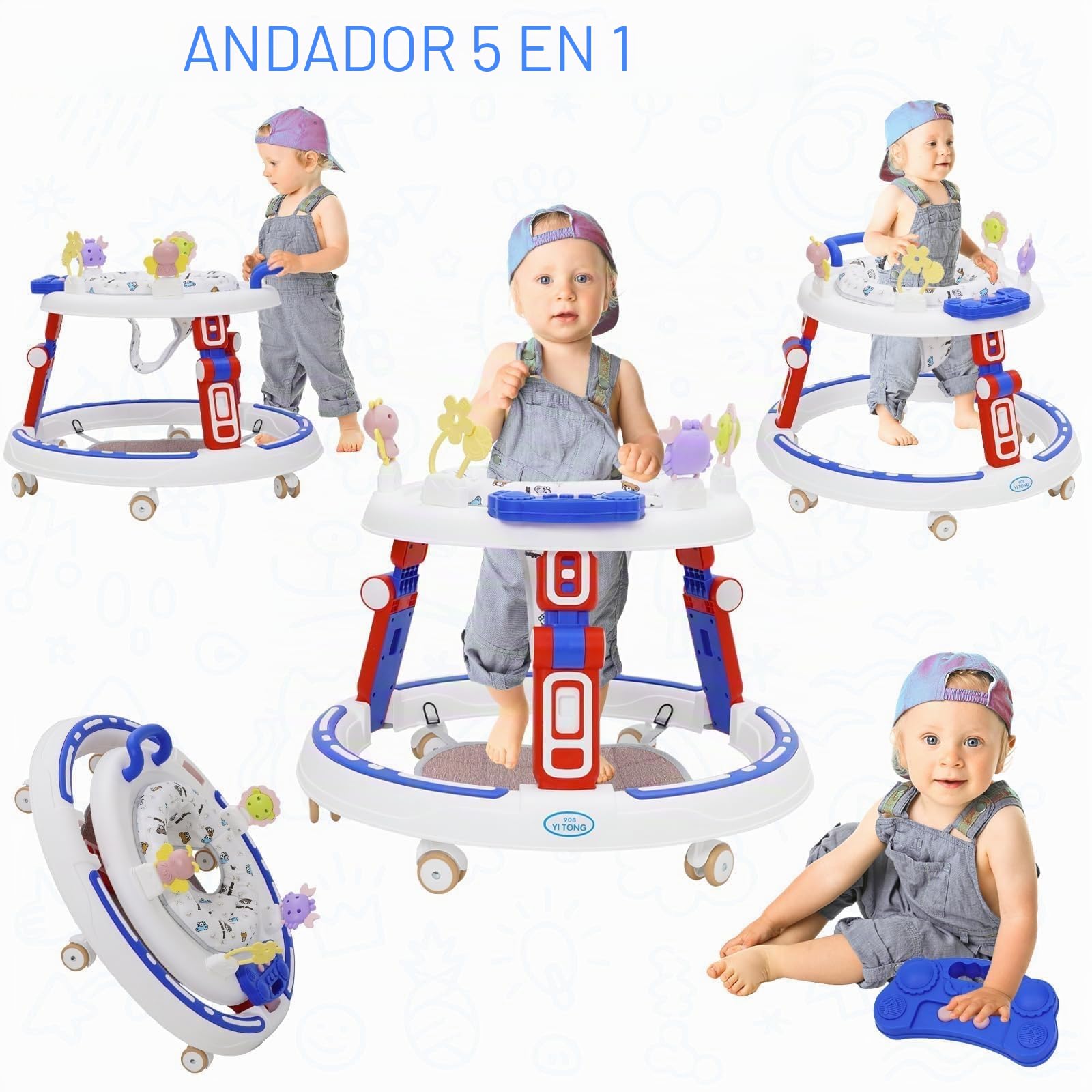 Andador Bebes 5in1,Tacata Bebe Plegable con Altura Música,Plegable Asiento Giratorio 360°, 6 Ruedas Silenciosas,Apto Para Niños y Niñas a Partir de 6 Meses,Azul