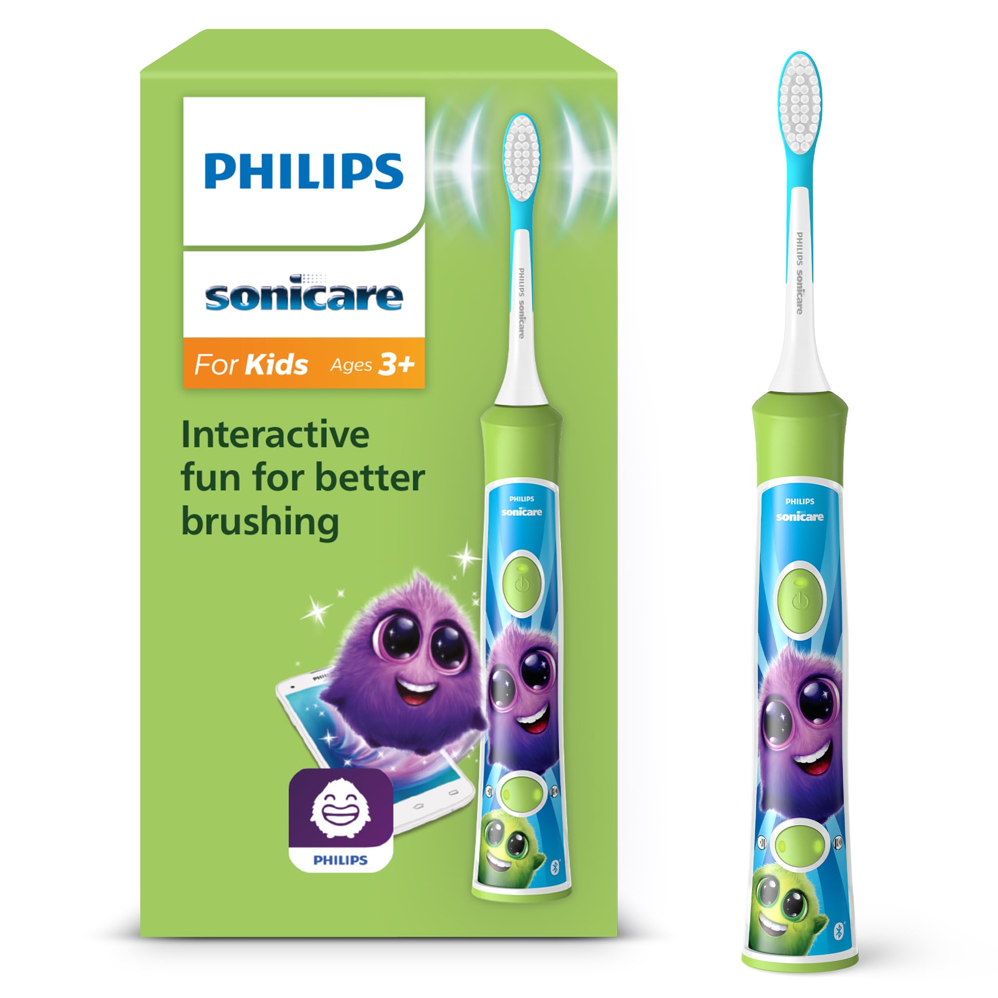 Philips Sonicare for Kids, Sonic Electric Toothbrush with App, for Kids Age 3+, with SmarTimer and QuadPacer for a Thorough Clean, Green, Model HX6352/11
