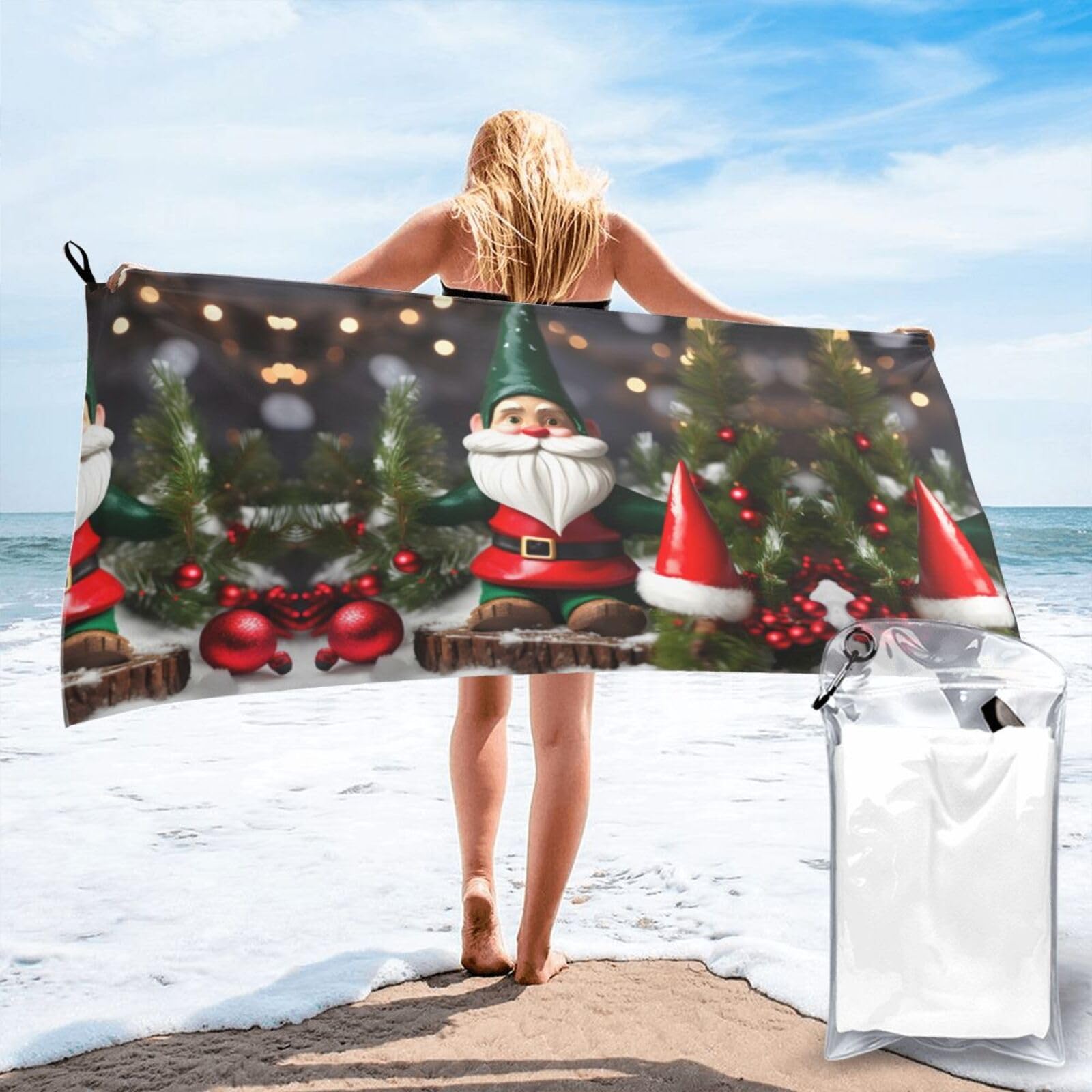 Voyage et camping sans sable avec la serviette gnomes de Noël