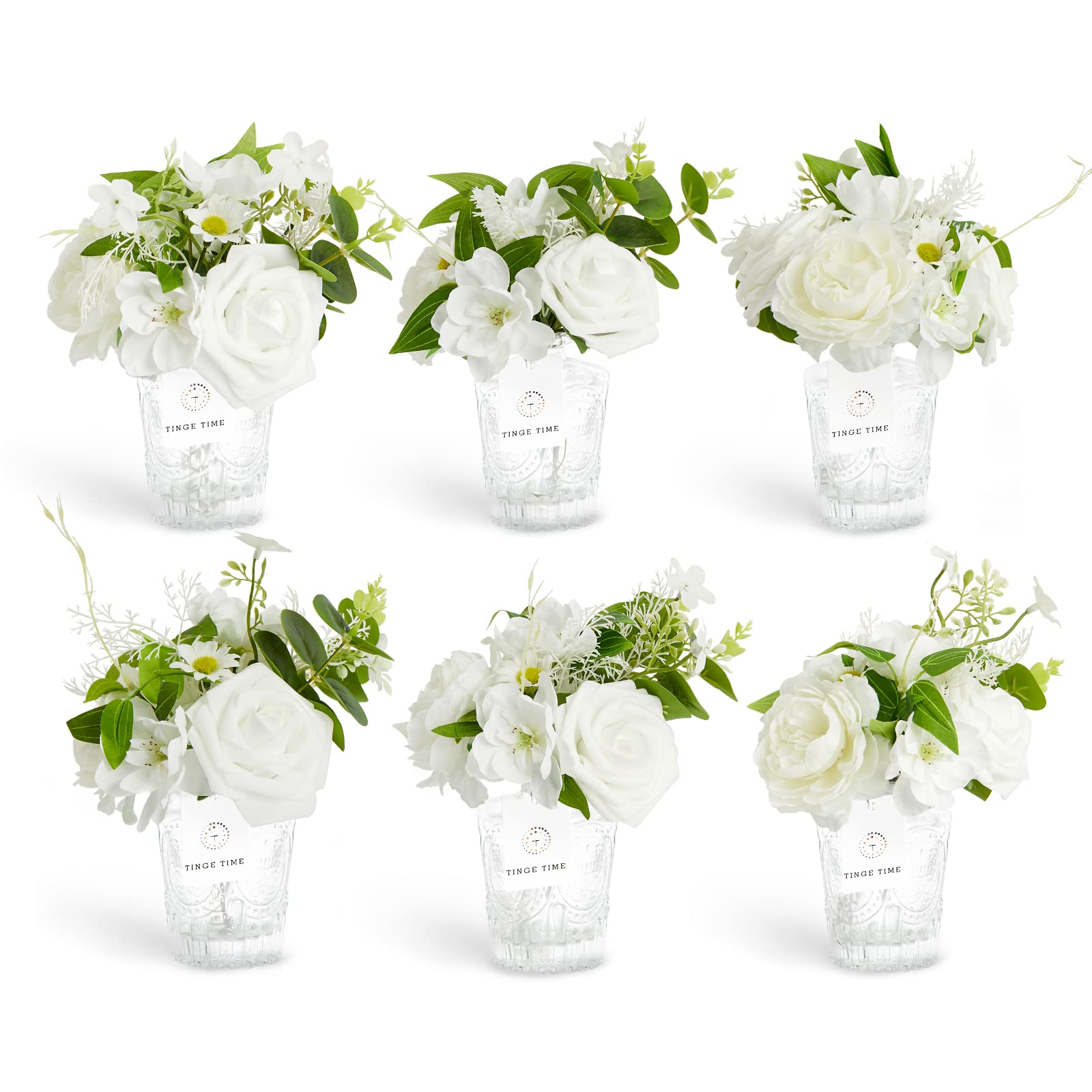 TINGE TIME Mini Floral Wedding Flowers Set of 6 Small Bridesmaid Bouquets Table Decoration Flowers for Wedding Table Centerpieces Home Decor (White)