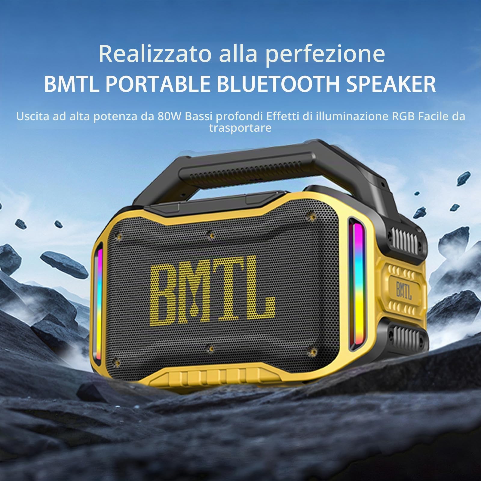 Xdobo BMTL Job Altoparlante Bluetooth 80W Portatile Senza Fili con Bassi Profondi, Altoparlante Robusto per Esterni, Ricarica Tipo-C, Ingresso Mic USB/AUX/6,5 mm, Autonomia 10-20 Ore (Giallo)