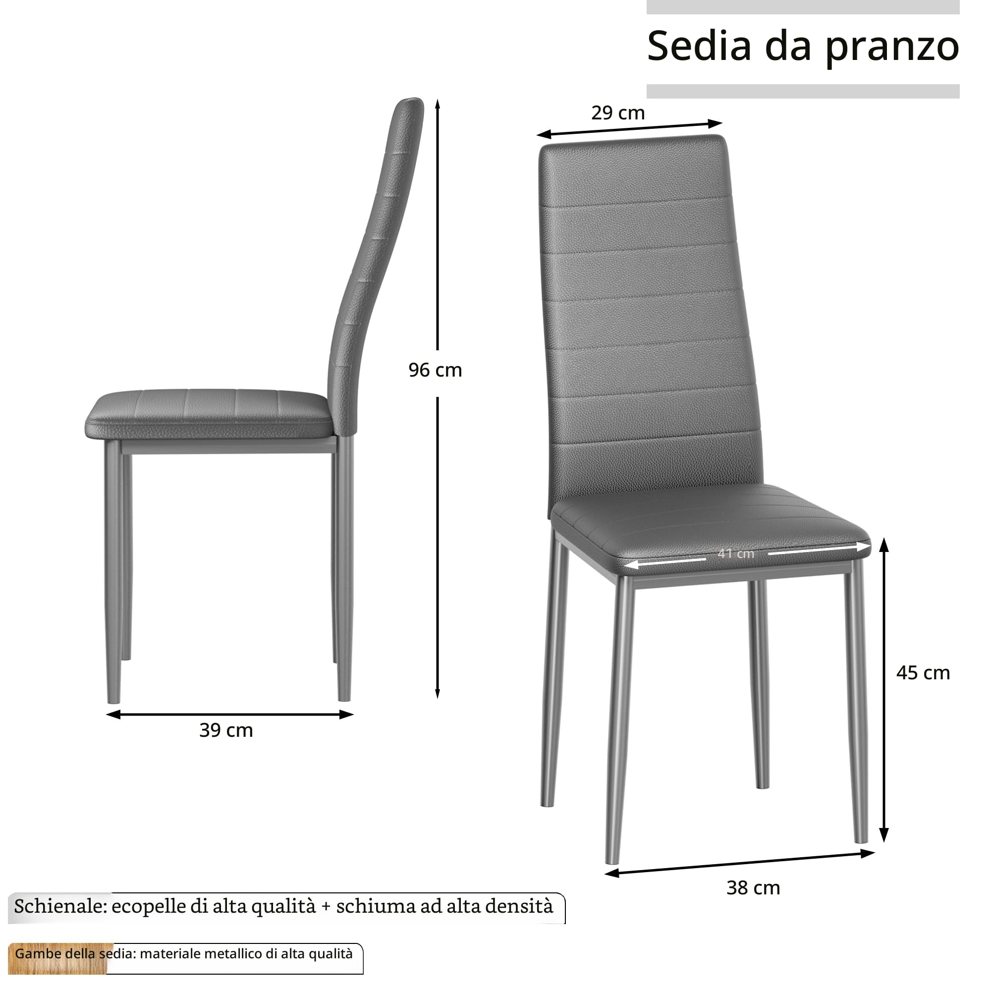 Stanew sedia da pranzo, cucina o salotto, 6 pezzi, con gambe in metallo, imbottita, rétro con cuciture bianche, colore: grigio