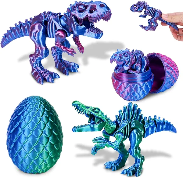 KittyCode 2PCS 3D Printed Dinosaur Egg Toys with Articulated Skeletons, Flexible Joints Dinosaur Figures for Stress Relief, 3D-Printed Animals Fidget Toy for Kids Adults
