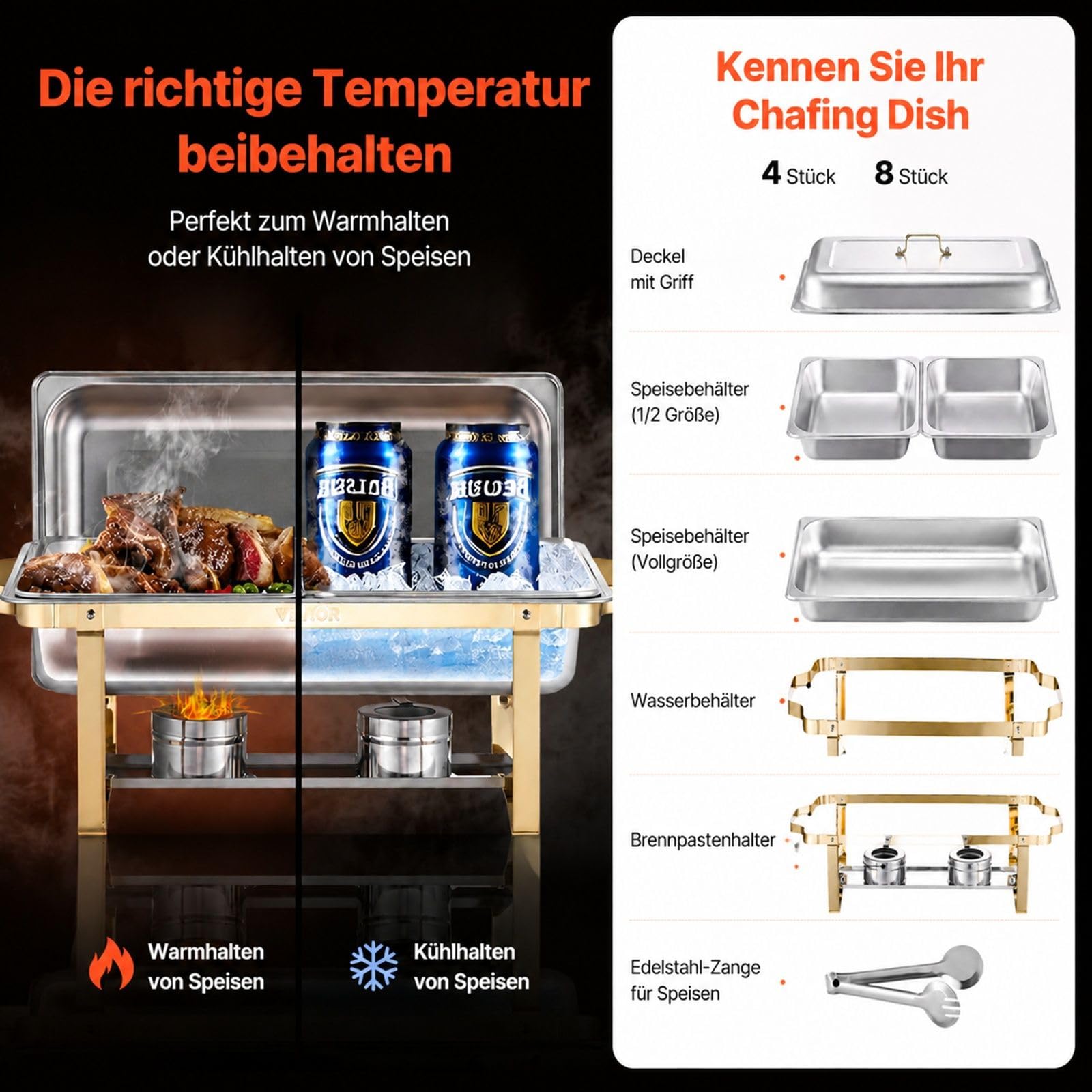 Rechteckiger Chafing Dish 4-teilig 7,5 L aus Edelstahl in Goldoptik für Buffet und Hotel