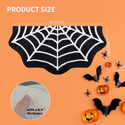 Miniatura 2 de Tapete de baño de tela de araña de Halloween, antideslizante, gótico, lindo, negro y blanco, tapete de baño de medio círculo, para baño, puerta