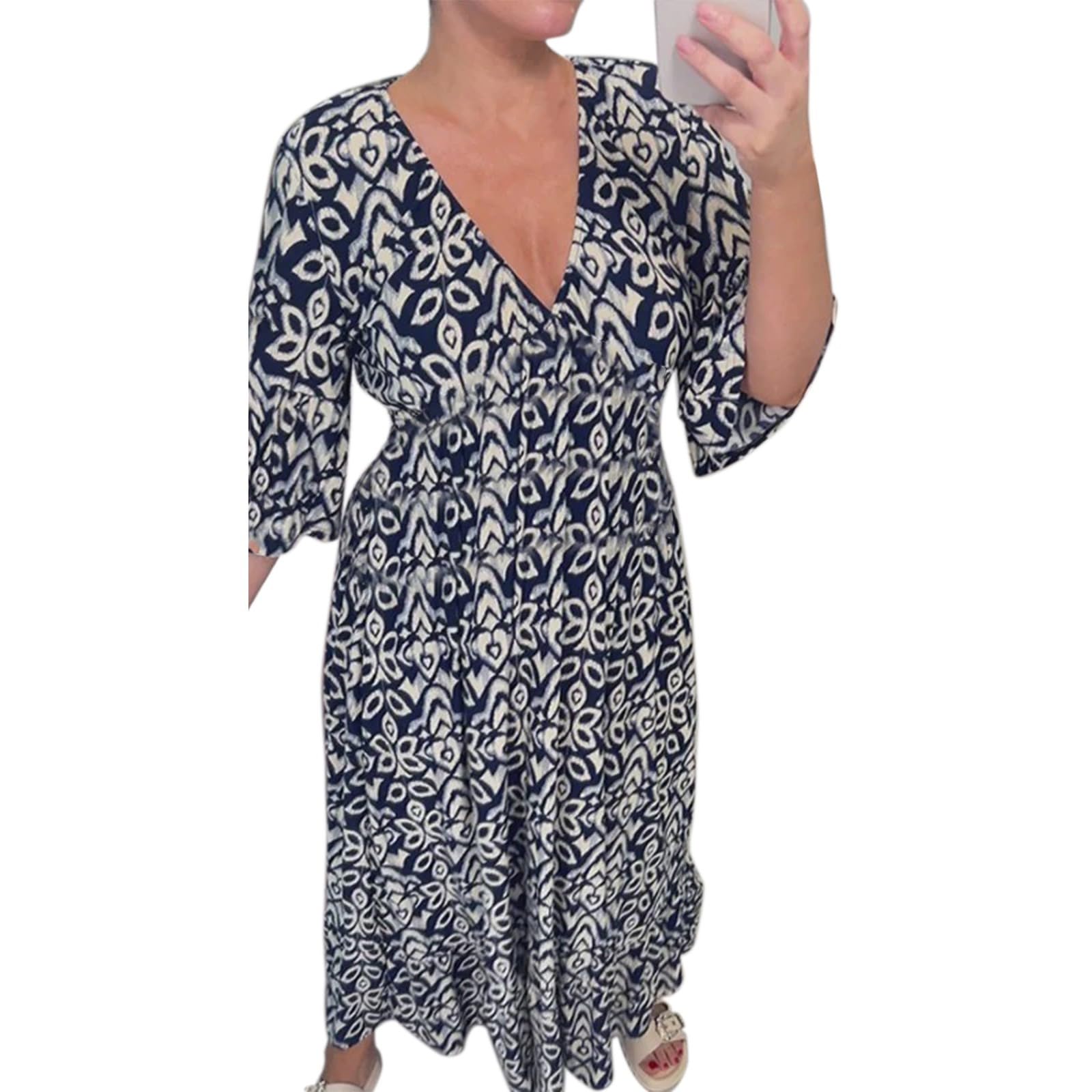 Women 2024 Summer Casual Dresses Boho Wrap V Neck Ruffle 3/4 Sleeve Beach Cocktail Flowy Pleated A-Line Maxi Dress(Xb Navy,S)