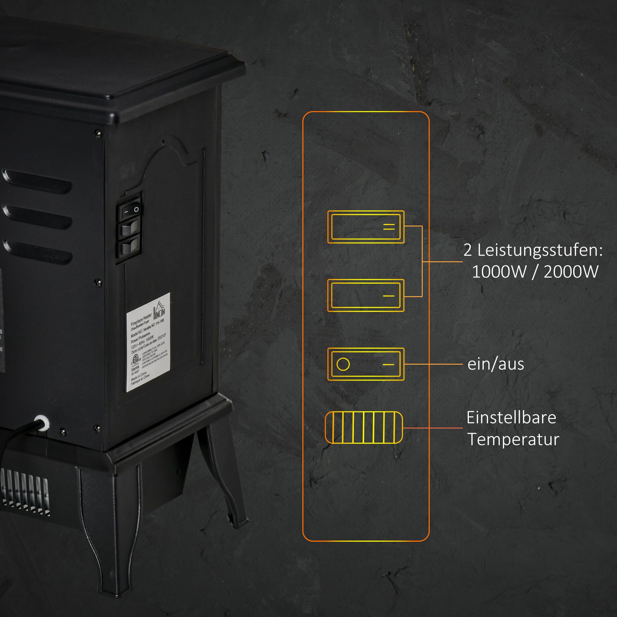 HOMCOM Elektrokamin mit Heizung LED Flammeneffekt 1000/2000 W Schwarz