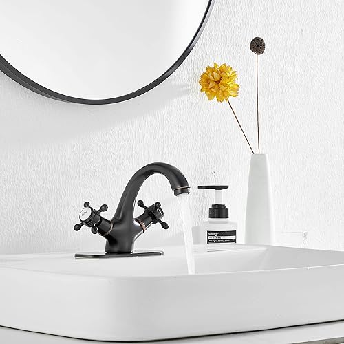 Miniatura 7 de Grifo de baño de bronce aceitado GGStudy grifo de tocador de baño de una sola manija de un agujero grifo de lavabo de baño con placa de cubierta