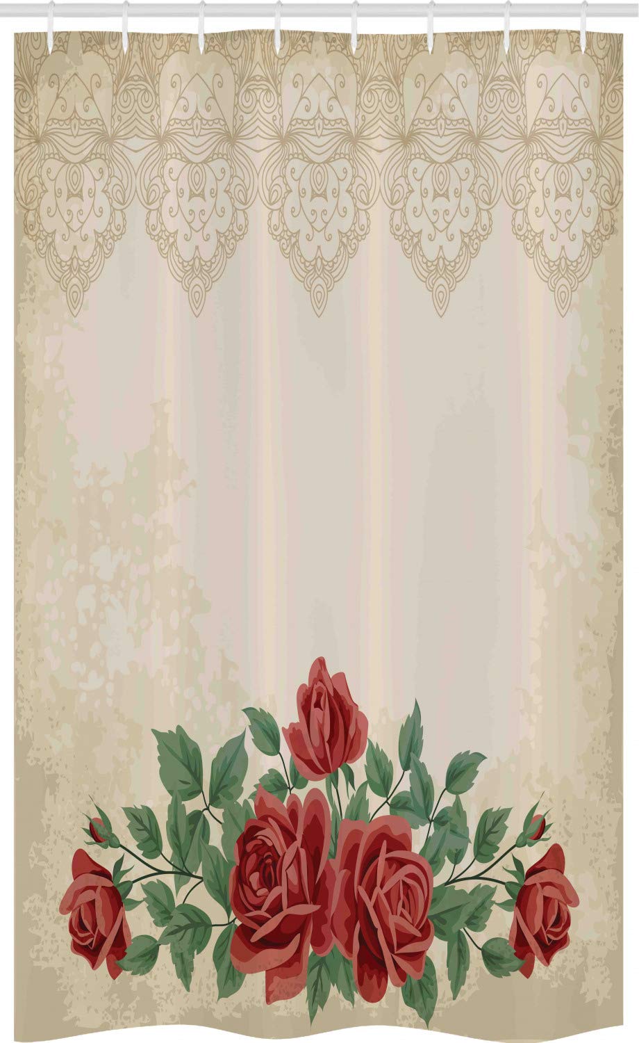 ABAKUHAUS Shabby Flora Stall Shower Curtain, Vintage Glamour Background Red Rose Love and Attraction Delicacy, Fabric Bathroom Decor Set with Hooks, 120 x 180 cm, Beige Green