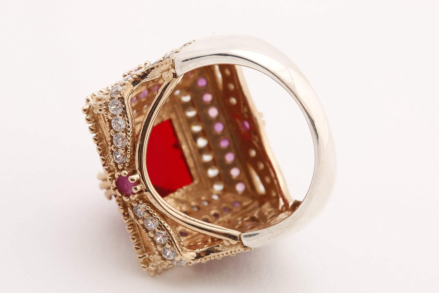 Turkish Handmade Jewelry Square Shape Ruby and Round Cut Topaz 925 Sterling Silver Ring Size Option