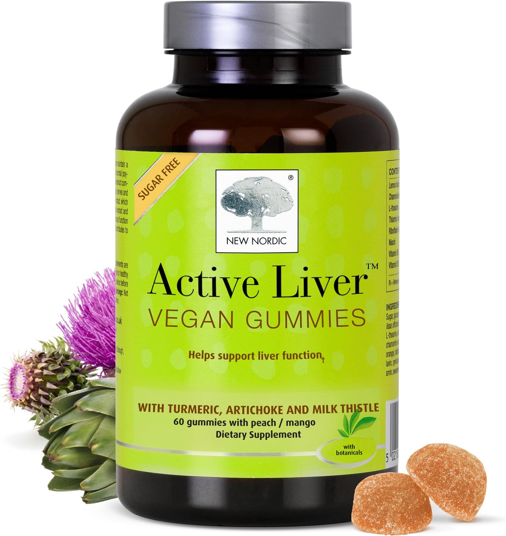 Active Liver Gummies, Milk Thistle, Artichoke & Turmeric Supplement, Natural Peach Mango Flavor, Sugar Free & Vegan, 60 Count (Pack of 1)